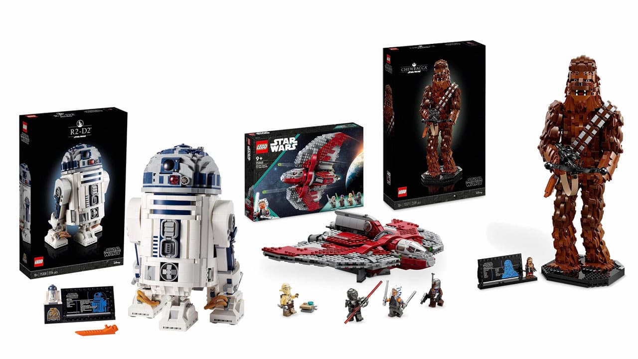 A Star Wars R2-D2 Lego set, an Ahsoka Lego set and a Lego Chewbacca set.