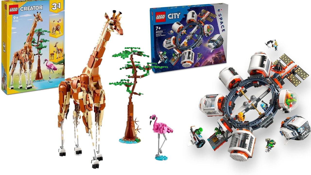 Lego Creator and City Sets, one of a space station, one of a giraffe.