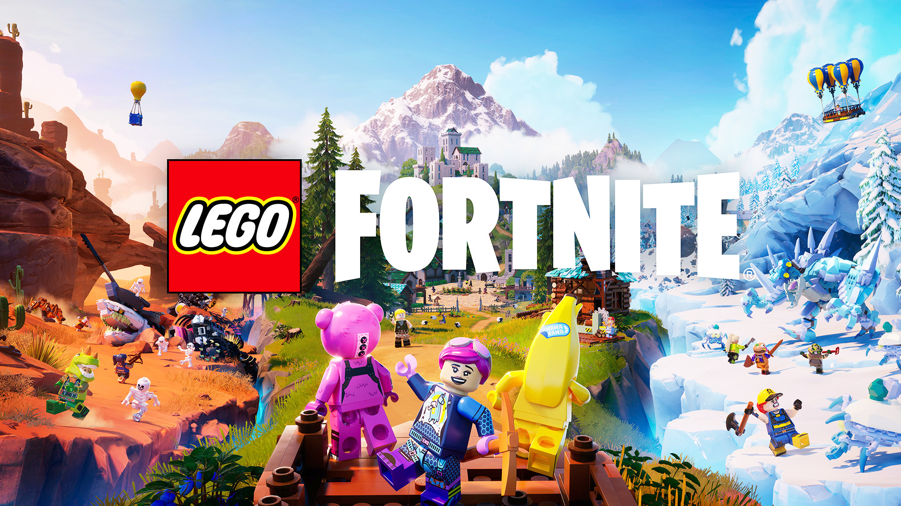 Lego Fortnite, an image of Lego figures on a Fortnite backdrop.