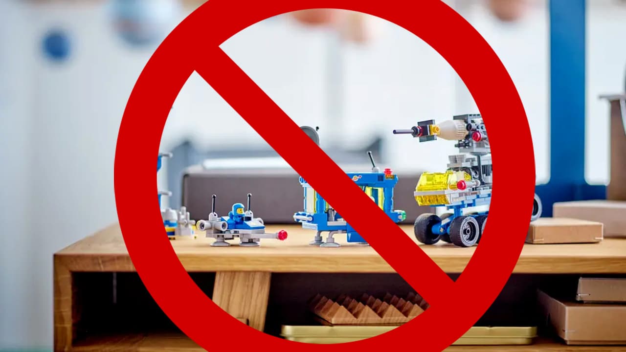 Lego Micro Rocket Launchpad with a 'no entry' sign over it.