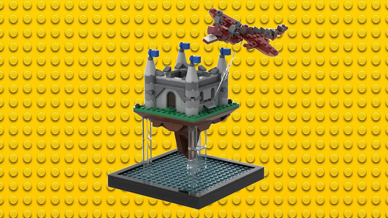 A tiny Lego castle, with a small dragon flying around it.