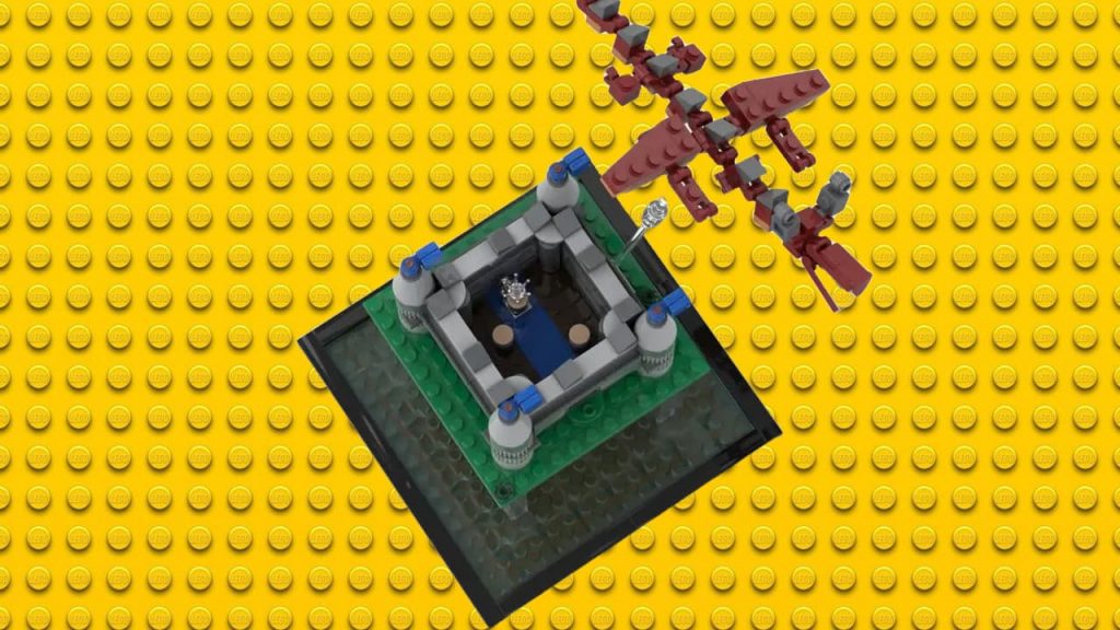 A small Lego Castle, viewed from above, with a tiny Lego dragon overhead. 