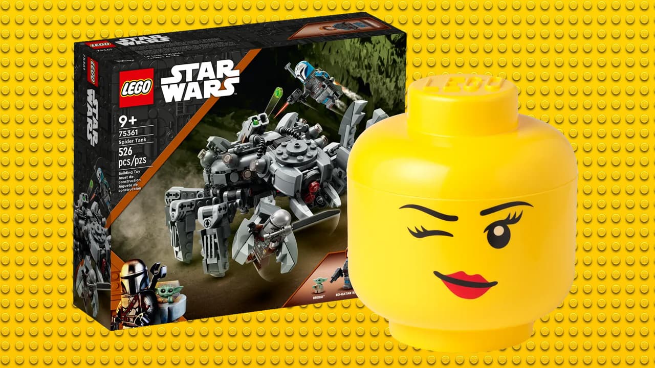 A Lego Star Wars Spider Droid set next to a giant Lego Storage Head
